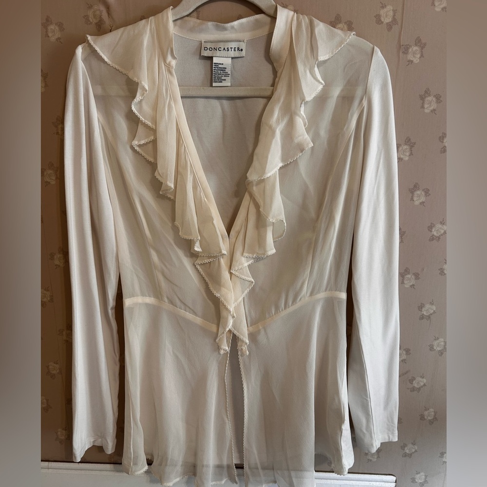 Doncaster Silk Ruffle Front Cardigan Blouse Ivory Sheer Feminine Chic Boho Fairy